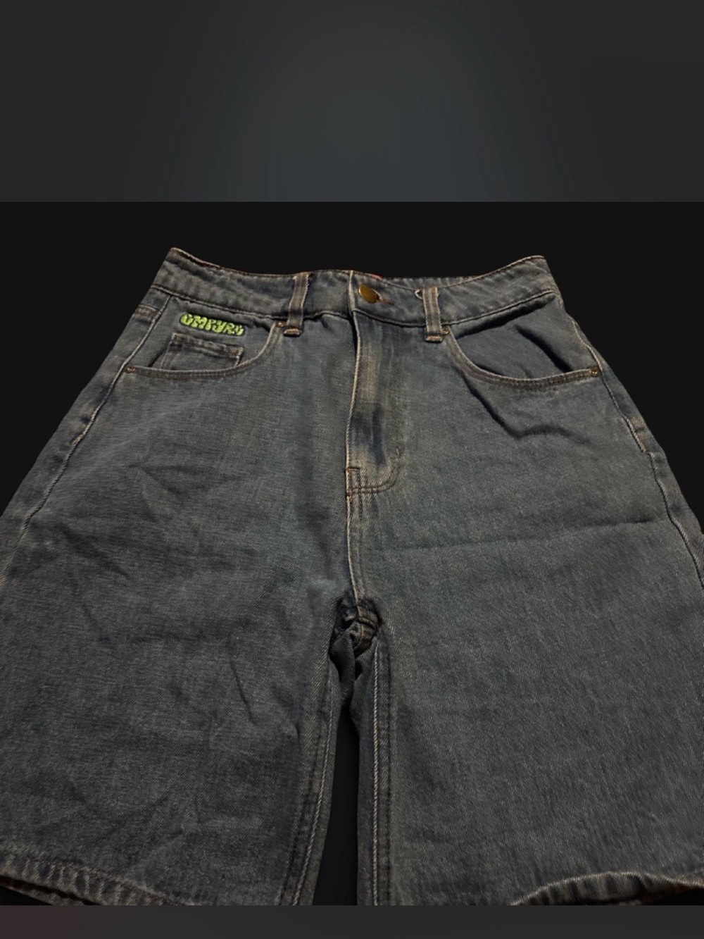Empyre Women's dark wash Denim Shorts with Green Empyre Logo